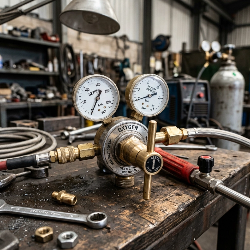 image of an oxygen lance regulator on a work bench, showing the pressure gauge and control knobs used to adjust oxygen flow for lancing operations