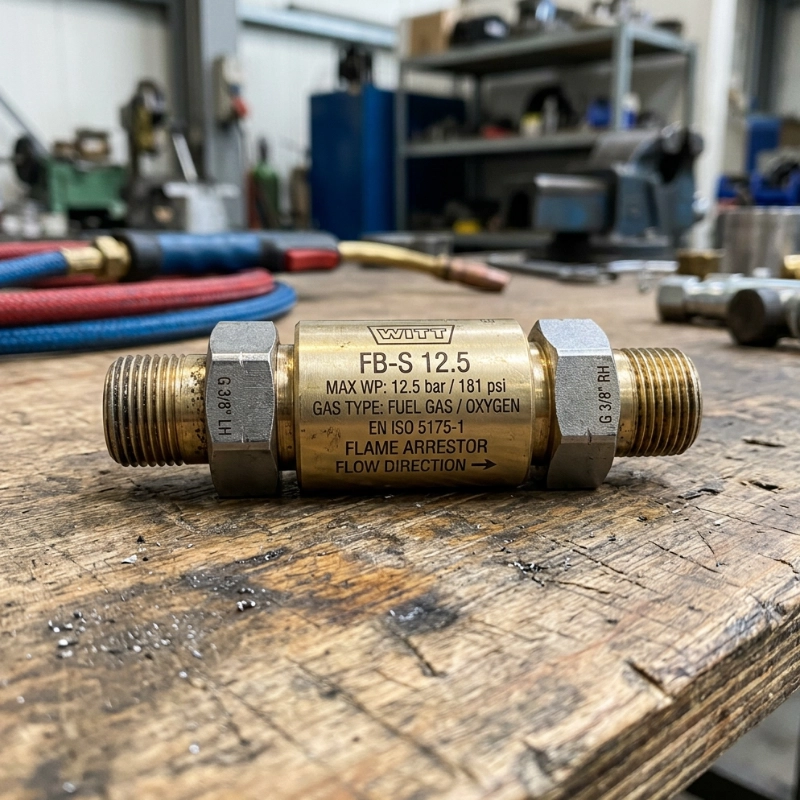 image of a flashback arrestor used in oxygen lancing applications, showing the compact device designed to prevent flames from traveling back into the oxygen supply line